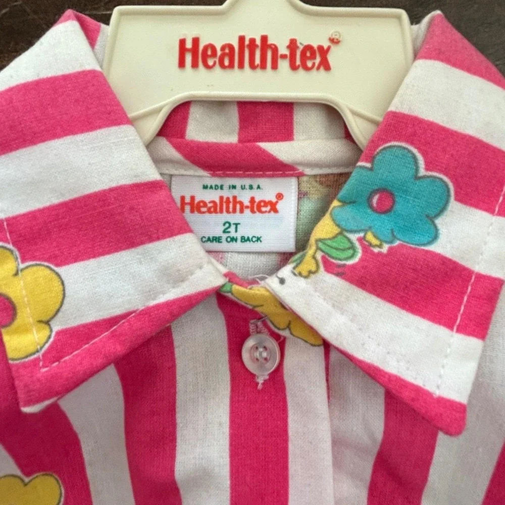 Vintage Health-tex Toddler Girls 2T Pink White Stripe Flower‎ Belted Shirt Dress